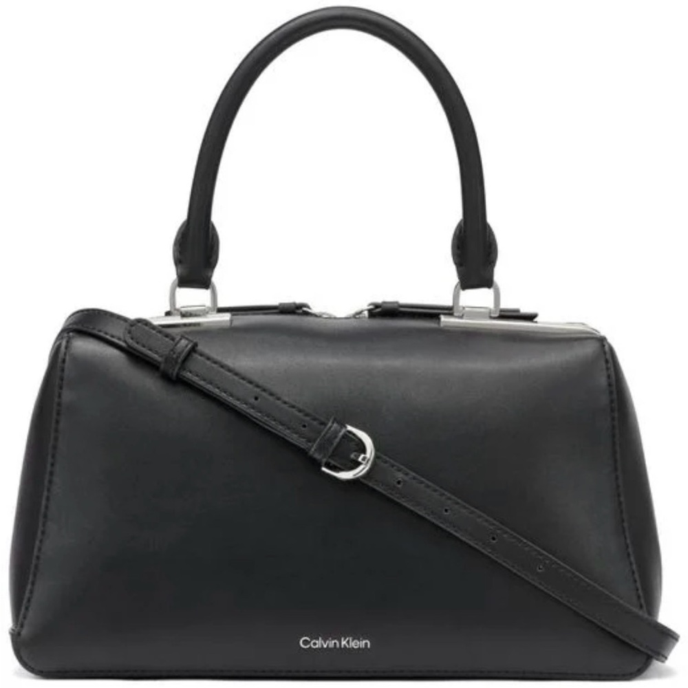 Calvin Klein Black Leather Satchel with Top Handle & Crossbody Strap Silver Tone